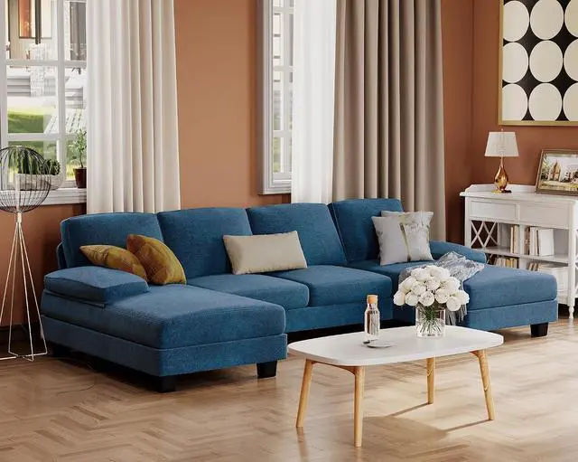 Alt view image 7 of 7 - Sectional Couches for Living Room, U-Shaped Sofa Couch with Linen Fabric, 4 Seat Sofa Set with Double Chaise for Apartment (Fabric, Blue)