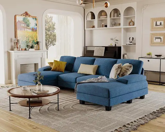 Alt view image 6 of 7 - Sectional Couches for Living Room, U-Shaped Sofa Couch with Linen Fabric, 4 Seat Sofa Set with Double Chaise for Apartment (Fabric, Blue)