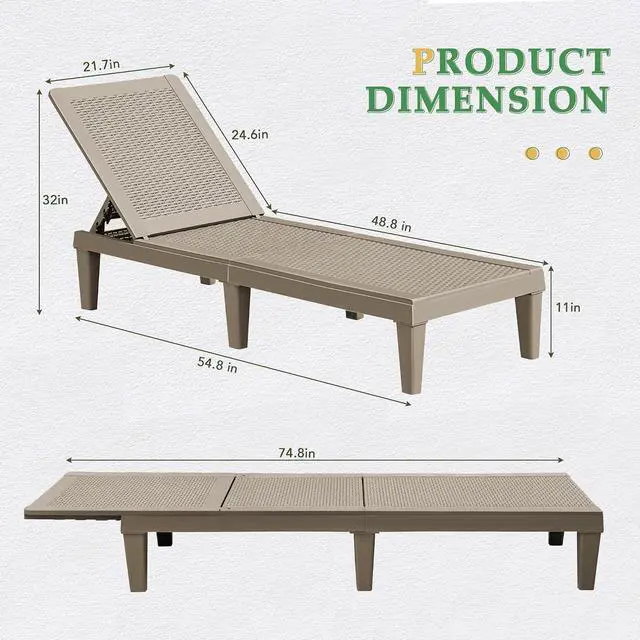 Alt view image 3 of 7 - Patio Chaise Lounge Chair Set of 2 Outdoor PE Waterproof Adjustable Easy Assembly Lounge Chairs for Outside Pool Garden Deck Beach (Light Brown, Set of 2)
