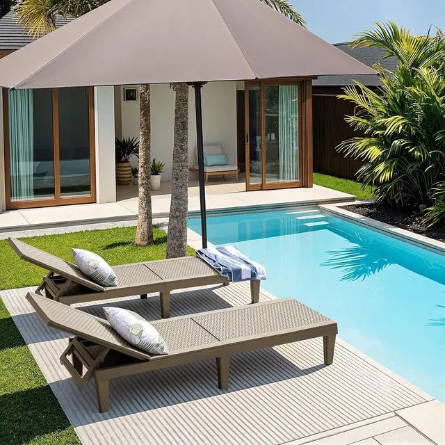 Alt view image 2 of 7 - Patio Chaise Lounge Chair Set of 2 Outdoor PE Waterproof Adjustable Easy Assembly Lounge Chairs for Outside Pool Garden Deck Beach (Light Brown, Set of 2)