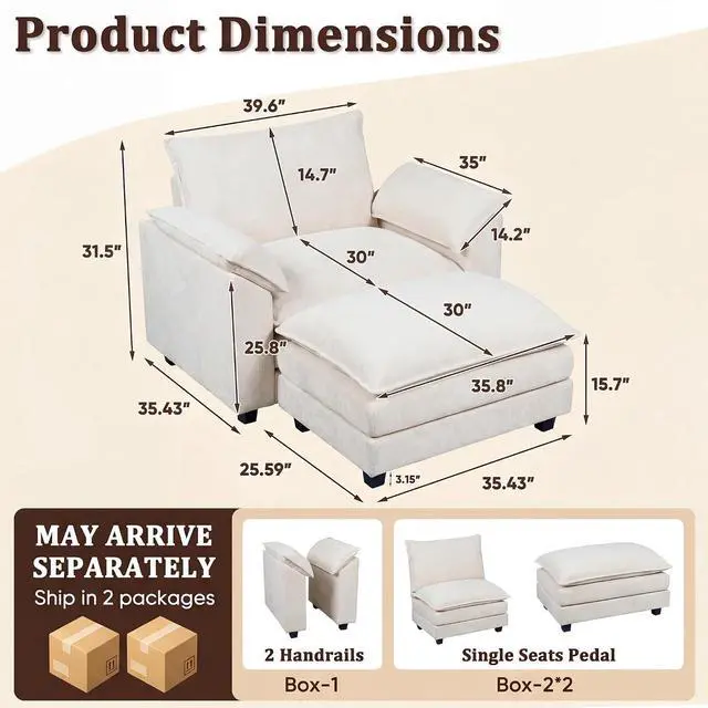Alt view image 2 of 7 - 40" Chaise Lounge Chair for Single Comfy Upholstered Deep Seat Reading Arm Chair Clould Couch for Living Room, Apartment Office, Small Spaces (White-3, Single Sofa)