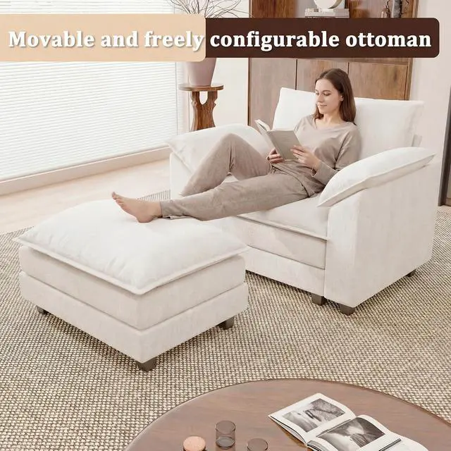 Alt view image 4 of 7 - 40" Chaise Lounge Chair for Single Comfy Upholstered Deep Seat Reading Arm Chair Clould Couch for Living Room, Apartment Office, Small Spaces (White-3, Single Sofa)