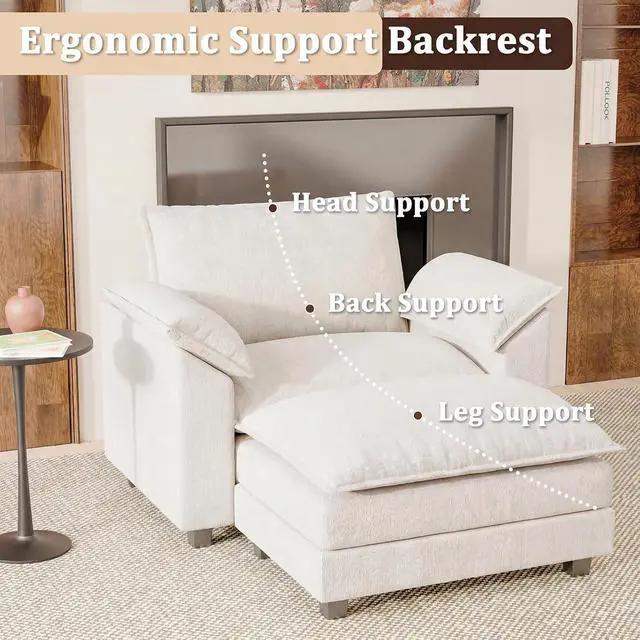 Alt view image 6 of 7 - 40" Chaise Lounge Chair for Single Comfy Upholstered Deep Seat Reading Arm Chair Clould Couch for Living Room, Apartment Office, Small Spaces (White-3, Single Sofa)