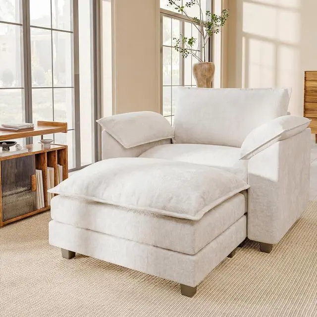 Main image of 40" Chaise Lounge Chair for Single Comfy Upholstered Deep Seat Reading Arm Chair Clould Couch for Living Room, Apartment Office, Small Spaces (White-3, Single Sofa)