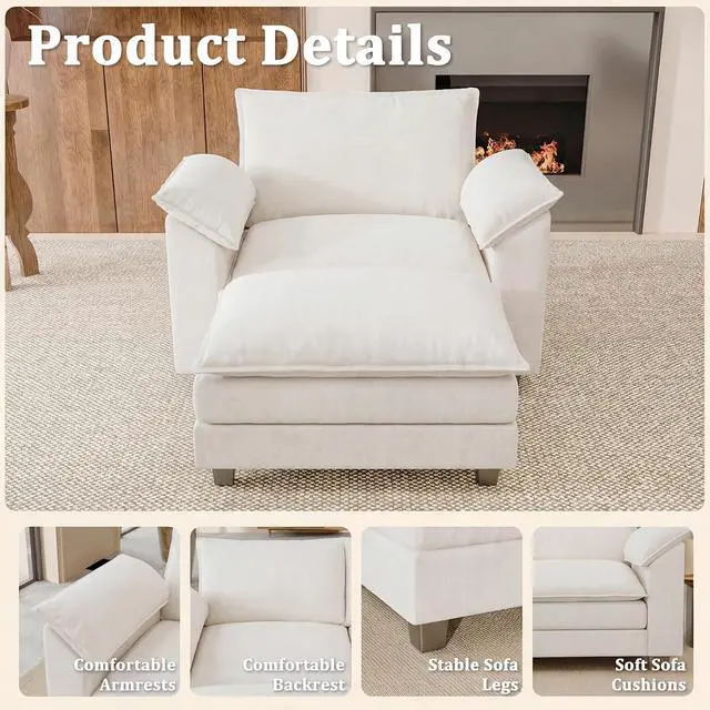 Alt view image 3 of 7 - 40" Chaise Lounge Chair for Single Comfy Upholstered Deep Seat Reading Arm Chair Clould Couch for Living Room, Apartment Office, Small Spaces (White-3, Single Sofa)