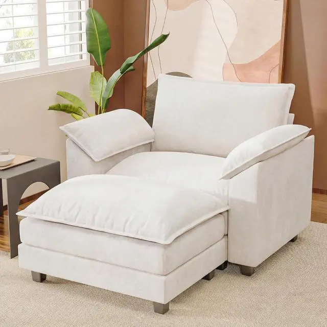 Alt view image 7 of 7 - 40" Chaise Lounge Chair for Single Comfy Upholstered Deep Seat Reading Arm Chair Clould Couch for Living Room, Apartment Office, Small Spaces (White-3, Single Sofa)