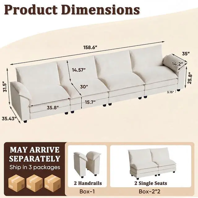 Alt view image 2 of 7 - 159" Modular Sectional Chenille Couches Linear Sofa with Double-Layer Cushion, 4-Seat Couch DIY Combination Couches for Living Room, Bedroom and Apartment (White-1, Linear Sofa)