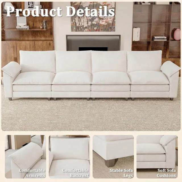 Alt view image 3 of 7 - 159" Modular Sectional Chenille Couches Linear Sofa with Double-Layer Cushion, 4-Seat Couch DIY Combination Couches for Living Room, Bedroom and Apartment (White-1, Linear Sofa)