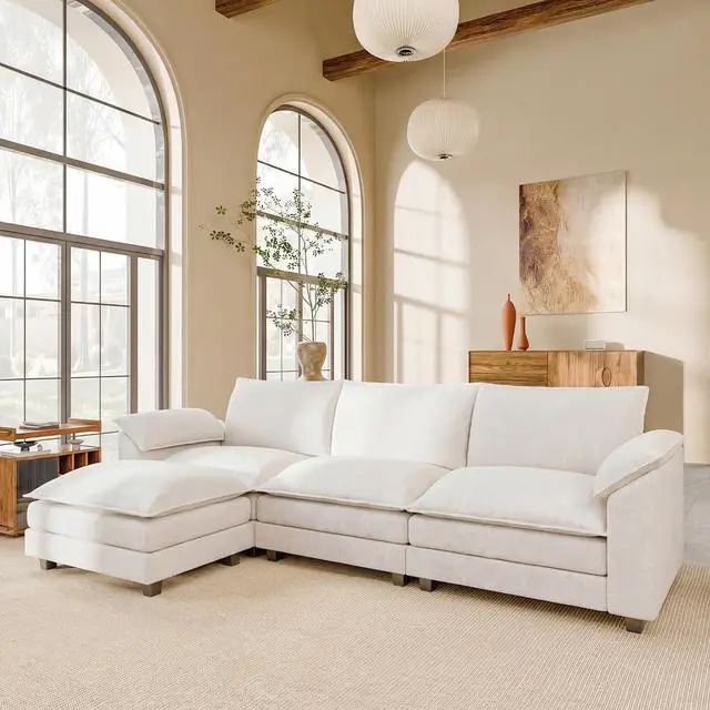 Main image of 118.9" Modular Sectional Cloud Couch 3-Seat Sofa Set with Movable Ottoman, L Shaped Sofa Couch with Deep Seat, Chenille Couches for Living Room (White, L Shaped Sofa)