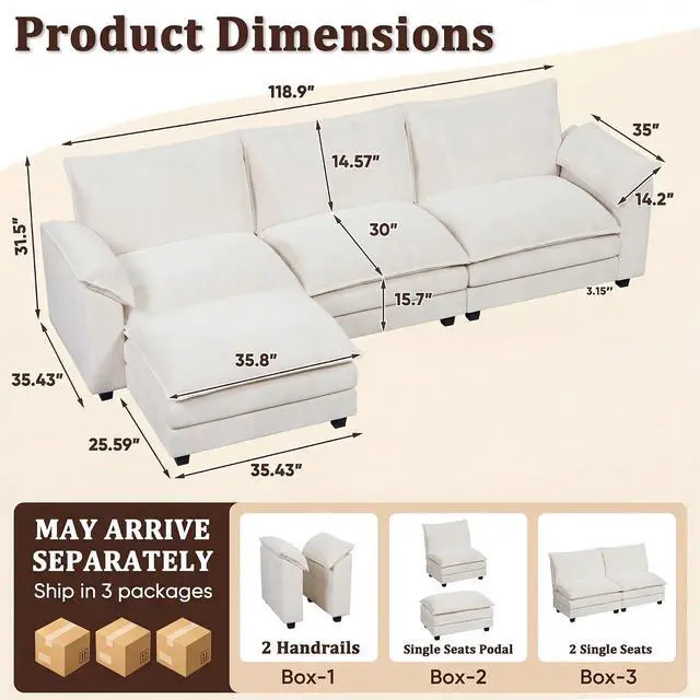 Alt view image 2 of 7 - 118.9" Modular Sectional Cloud Couch 3-Seat Sofa Set with Movable Ottoman, L Shaped Sofa Couch with Deep Seat, Chenille Couches for Living Room (White, L Shaped Sofa)