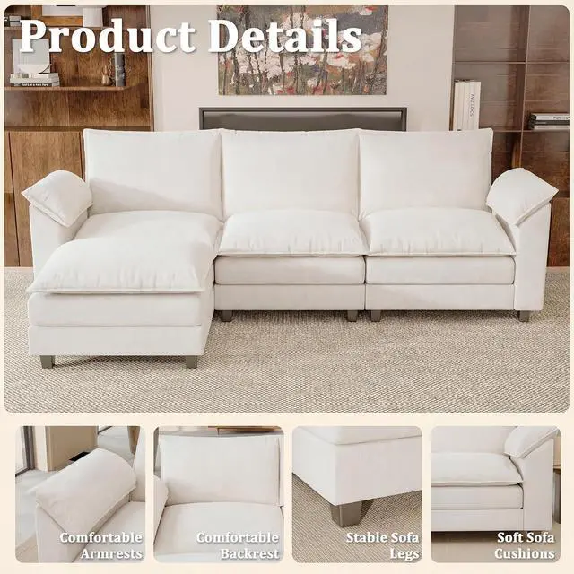 Alt view image 3 of 7 - 118.9" Modular Sectional Cloud Couch 3-Seat Sofa Set with Movable Ottoman, L Shaped Sofa Couch with Deep Seat, Chenille Couches for Living Room (White, L Shaped Sofa)