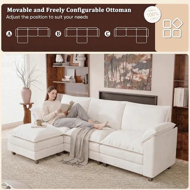Alt view image 4 of 7 - 118.9" Modular Sectional Cloud Couch 3-Seat Sofa Set with Movable Ottoman, L Shaped Sofa Couch with Deep Seat, Chenille Couches for Living Room (White, L Shaped Sofa)