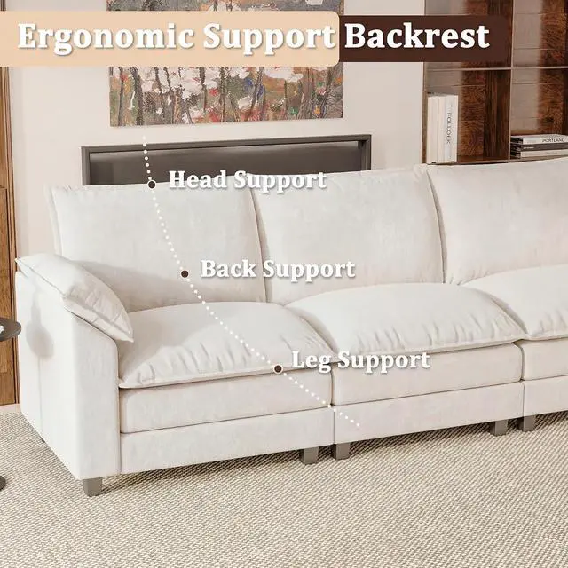 Alt view image 6 of 7 - 118.9" Modular Sectional Cloud Couch 3-Seat Sofa Set with Movable Ottoman, L Shaped Sofa Couch with Deep Seat, Chenille Couches for Living Room (White, L Shaped Sofa)