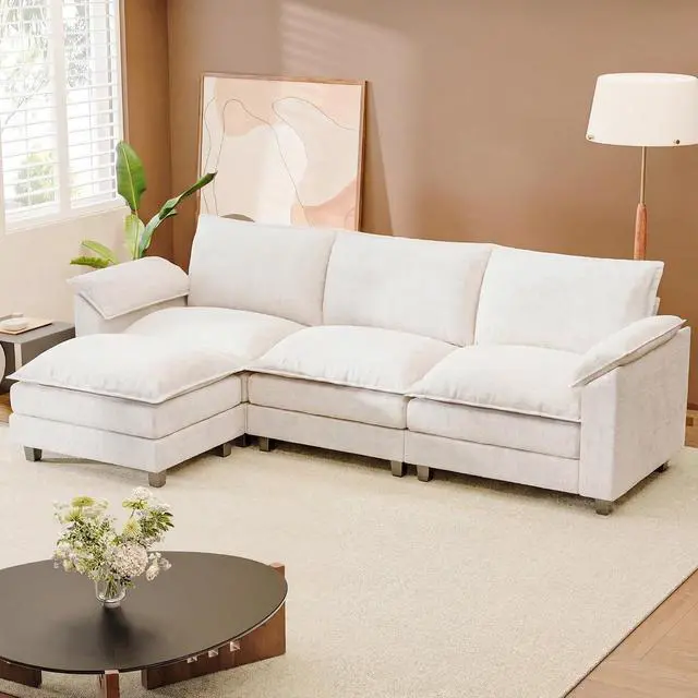 Alt view image 7 of 7 - 118.9" Modular Sectional Cloud Couch 3-Seat Sofa Set with Movable Ottoman, L Shaped Sofa Couch with Deep Seat, Chenille Couches for Living Room (White, L Shaped Sofa)