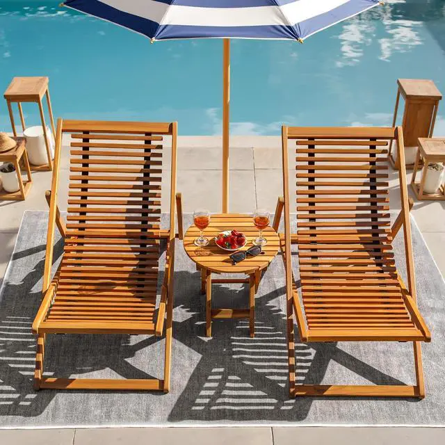 Alt view image 2 of 7 - 3-Piece Acacia Wood Patio Set, Chaise Lounge Chairs for 2 and Side Coffee Table, Adjustable and Foldable, for Pool, Beach, Backyard, No Assembly