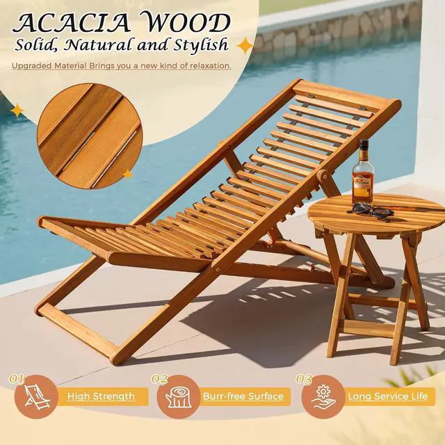 Alt view image 4 of 7 - 3-Piece Acacia Wood Patio Set, Chaise Lounge Chairs for 2 and Side Coffee Table, Adjustable and Foldable, for Pool, Beach, Backyard, No Assembly