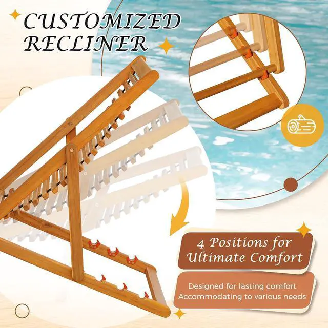 Alt view image 5 of 7 - 3-Piece Acacia Wood Patio Set, Chaise Lounge Chairs for 2 and Side Coffee Table, Adjustable and Foldable, for Pool, Beach, Backyard, No Assembly