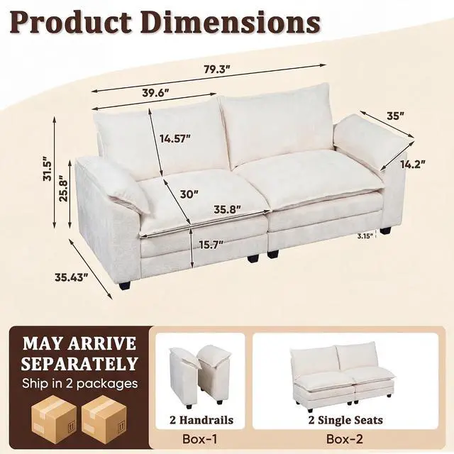 Alt view image 2 of 7 - Modern Loveseat Sofa Chenille Cloud Couch with Deep Seat Sofa with Double-Layer Cushion, Modular Recliner for Living Room Apartment Office, Small Spaces (White-2, Loveseat Sofa)