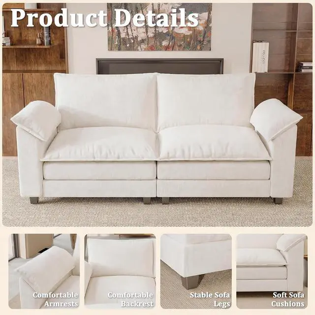 Alt view image 3 of 7 - Modern Loveseat Sofa Chenille Cloud Couch with Deep Seat Sofa with Double-Layer Cushion, Modular Recliner for Living Room Apartment Office, Small Spaces (White-2, Loveseat Sofa)