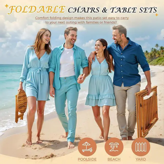 Alt view image 6 of 7 - 3-Piece Acacia Wood Patio Set, Chaise Lounge Chairs for 2 and Side Coffee Table, Adjustable and Foldable, for Pool, Beach, Backyard, No Assembly