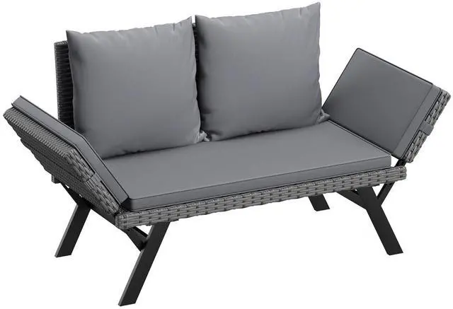 Main image of Outdoor Convertible Sofa, Woven Rattan Patio Furniture Sunbed with Adjustable Armrests, Removable Cushions and Pillows for Patio, Porch, Pool (Grey Lounger & Grey Pillowcase)