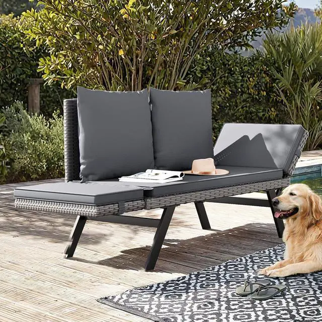 Alt view image 2 of 7 - Outdoor Convertible Sofa, Woven Rattan Patio Furniture Sunbed with Adjustable Armrests, Removable Cushions and Pillows for Patio, Porch, Pool (Grey Lounger & Grey Pillowcase)