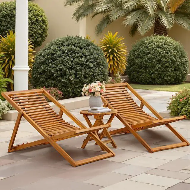 Alt view image 7 of 7 - 3-Piece Acacia Wood Patio Set, Chaise Lounge Chairs for 2 and Side Coffee Table, Adjustable and Foldable, for Pool, Beach, Backyard, No Assembly