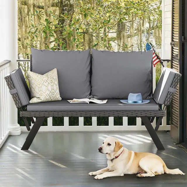 Alt view image 4 of 7 - Outdoor Convertible Sofa, Woven Rattan Patio Furniture Sunbed with Adjustable Armrests, Removable Cushions and Pillows for Patio, Porch, Pool (Grey Lounger & Grey Pillowcase)
