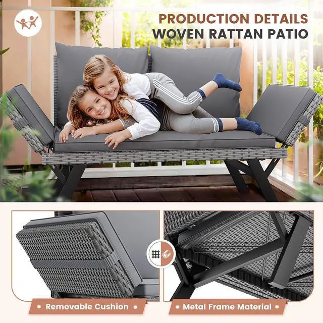 Alt view image 5 of 7 - Outdoor Convertible Sofa, Woven Rattan Patio Furniture Sunbed with Adjustable Armrests, Removable Cushions and Pillows for Patio, Porch, Pool (Grey Lounger & Grey Pillowcase)