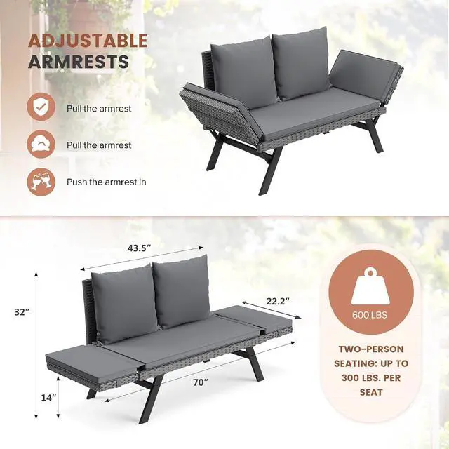 Alt view image 7 of 7 - Outdoor Convertible Sofa, Woven Rattan Patio Furniture Sunbed with Adjustable Armrests, Removable Cushions and Pillows for Patio, Porch, Pool (Grey Lounger & Grey Pillowcase)