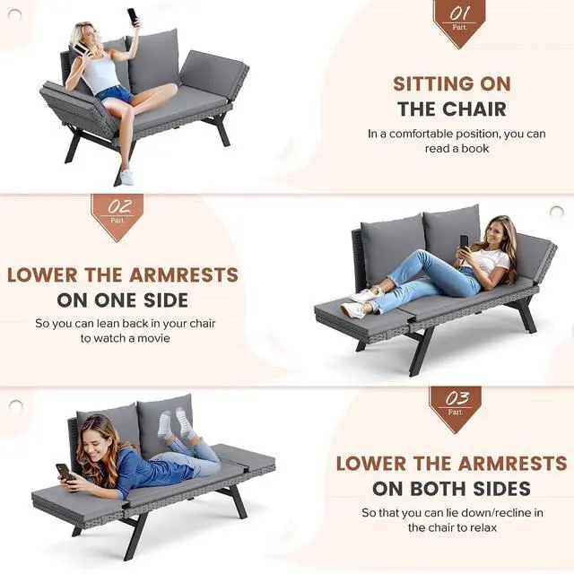 Alt view image 3 of 7 - Outdoor Convertible Sofa, Woven Rattan Patio Furniture Sunbed with Adjustable Armrests, Removable Cushions and Pillows for Patio, Porch, Pool (Grey Lounger & Grey Pillowcase)