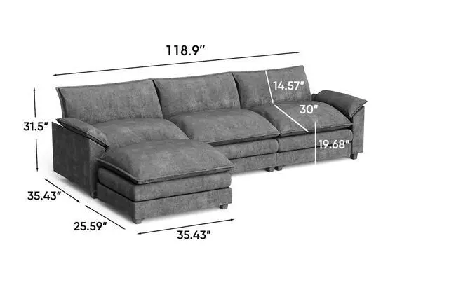 Alt view image 2 of 7 - 119" Modular Sectional Sofa,Cloud Couch with Ottoman,Chenille Sofas with Metal Frame,Convertible 3-Seater Couches for Living Room (Gray, L Shape) | Breathable material