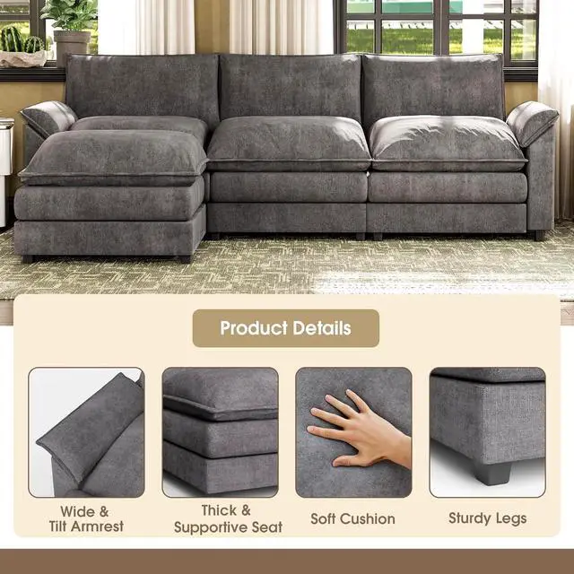 Alt view image 4 of 7 - 119" Modular Sectional Sofa,Cloud Couch with Ottoman,Chenille Sofas with Metal Frame,Convertible 3-Seater Couches for Living Room (Gray, L Shape) | Breathable material