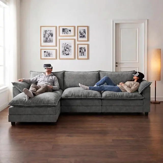 Alt view image 3 of 7 - 119" Modular Sectional Sofa,Cloud Couch with Ottoman,Chenille Sofas with Metal Frame,Convertible 3-Seater Couches for Living Room (Gray, L Shape) | Breathable material