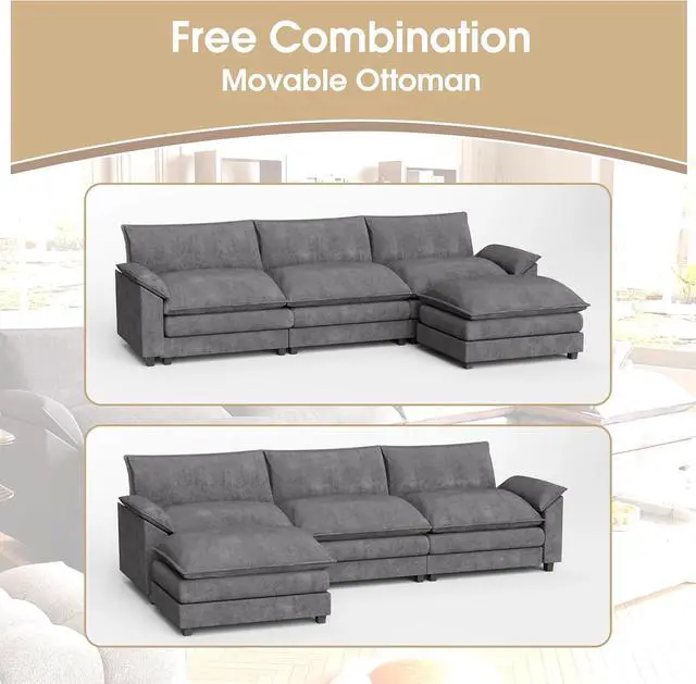 Alt view image 5 of 7 - 119" Modular Sectional Sofa,Cloud Couch with Ottoman,Chenille Sofas with Metal Frame,Convertible 3-Seater Couches for Living Room (Gray, L Shape) | Breathable material