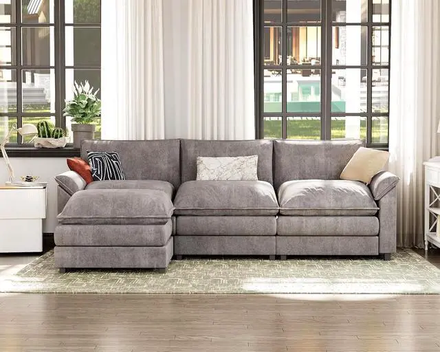Alt view image 7 of 7 - 119" Modular Sectional Sofa,Cloud Couch with Ottoman,Chenille Sofas with Metal Frame,Convertible 3-Seater Couches for Living Room (Gray, L Shape) | Breathable material