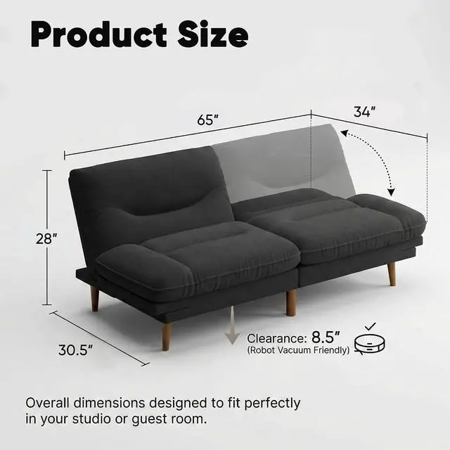 Alt view image 2 of 7 - Adjustable Futon Sofa Bed, 66 Loveseat with Adjustable Armrest & Backrest, Modern Convertible Futon Couch for Small Space, Studio, Apartment, Guest Room (Fabric, Black)