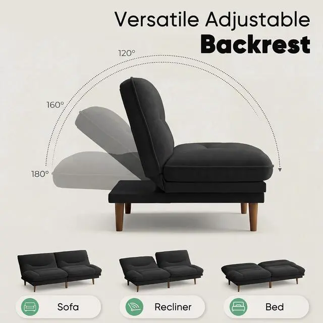 Alt view image 5 of 7 - Adjustable Futon Sofa Bed, 66 Loveseat with Adjustable Armrest & Backrest, Modern Convertible Futon Couch for Small Space, Studio, Apartment, Guest Room (Fabric, Black)