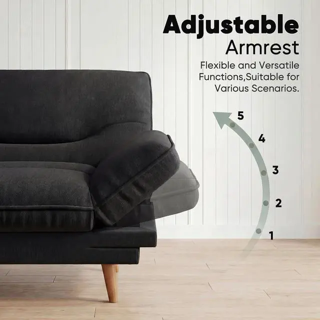 Alt view image 4 of 7 - Adjustable Futon Sofa Bed, 66 Loveseat with Adjustable Armrest & Backrest, Modern Convertible Futon Couch for Small Space, Studio, Apartment, Guest Room (Fabric, Black)