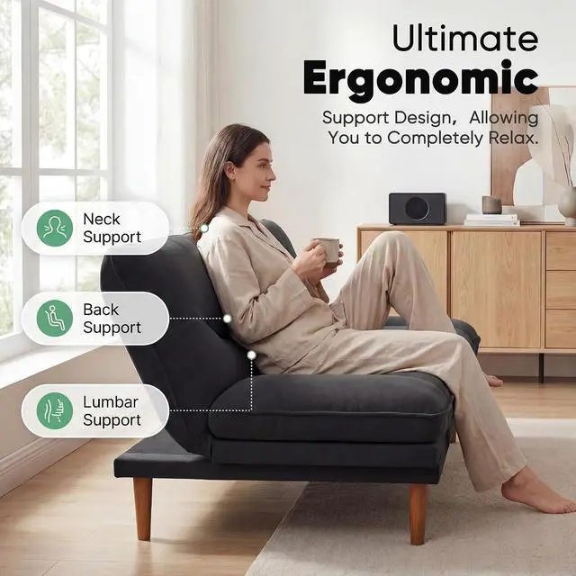 Alt view image 7 of 7 - Adjustable Futon Sofa Bed, 66 Loveseat with Adjustable Armrest & Backrest, Modern Convertible Futon Couch for Small Space, Studio, Apartment, Guest Room (Fabric, Black)
