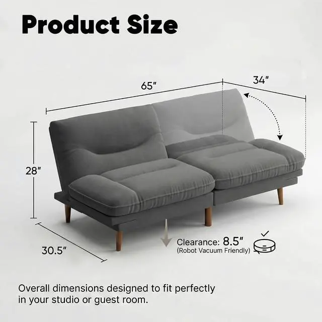 Alt view image 2 of 7 - Adjustable Futon Sofa Bed, 66 Loveseat with Adjustable Armrest & Backrest, Modern Convertible Futon Couch for Small Space, Studio, Apartment, Guest Room (Fabric, Dark Gray)