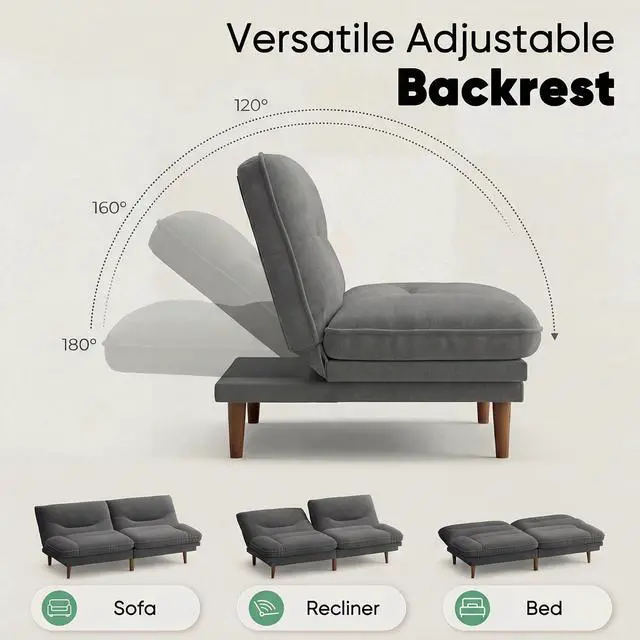Alt view image 5 of 7 - Adjustable Futon Sofa Bed, 66 Loveseat with Adjustable Armrest & Backrest, Modern Convertible Futon Couch for Small Space, Studio, Apartment, Guest Room (Fabric, Dark Gray)