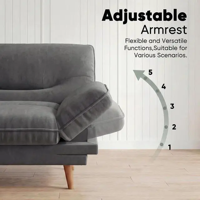 Alt view image 4 of 7 - Adjustable Futon Sofa Bed, 66 Loveseat with Adjustable Armrest & Backrest, Modern Convertible Futon Couch for Small Space, Studio, Apartment, Guest Room (Fabric, Dark Gray)