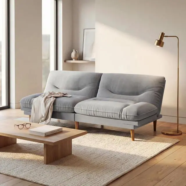 Alt view image 3 of 7 - Adjustable Futon Sofa Bed, 66 Loveseat with Adjustable Armrest & Backrest, Modern Convertible Futon Couch for Small Space, Studio, Apartment, Guest Room (Fabric, Pale Gray)