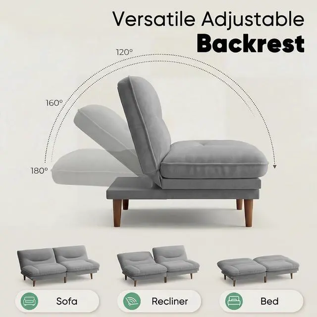Alt view image 5 of 7 - Adjustable Futon Sofa Bed, 66 Loveseat with Adjustable Armrest & Backrest, Modern Convertible Futon Couch for Small Space, Studio, Apartment, Guest Room (Fabric, Pale Gray)