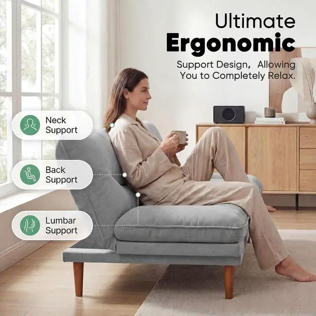 Alt view image 7 of 7 - Adjustable Futon Sofa Bed, 66 Loveseat with Adjustable Armrest & Backrest, Modern Convertible Futon Couch for Small Space, Studio, Apartment, Guest Room (Fabric, Pale Gray)