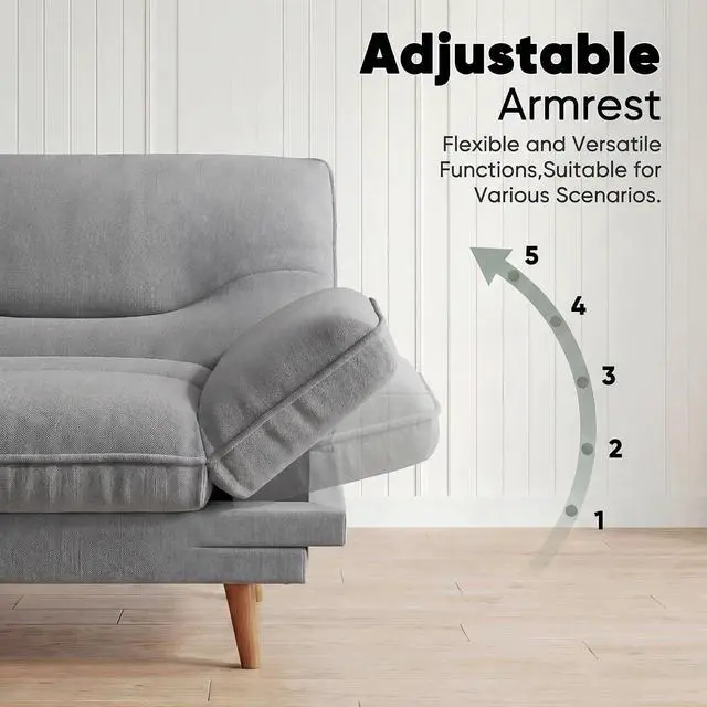 Alt view image 4 of 7 - Adjustable Futon Sofa Bed, 66 Loveseat with Adjustable Armrest & Backrest, Modern Convertible Futon Couch for Small Space, Studio, Apartment, Guest Room (Fabric, Pale Gray)