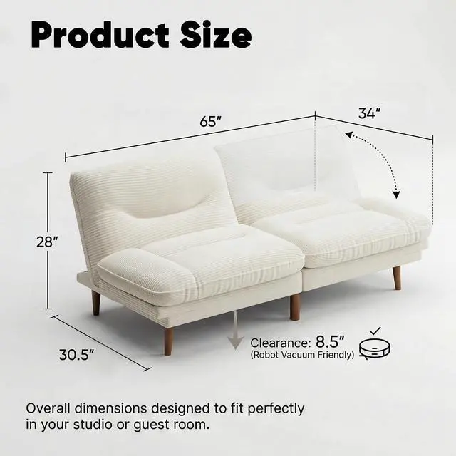 Alt view image 2 of 7 - Adjustable Futon Sofa Bed, 66 Loveseat with Adjustable Armrest & Backrest, Modern Convertible Futon Couch for Small Space, Studio, Apartment, Guest Room (Corduroy, White)