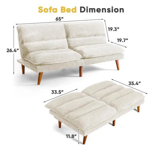 Alt view image 3 of 7 - Convertible Futon Sofa Bed Futon Couch with Adjustable Back Upholstered Sleeper Sofa Bed for Living Room Furniture (Corduroy, White)
