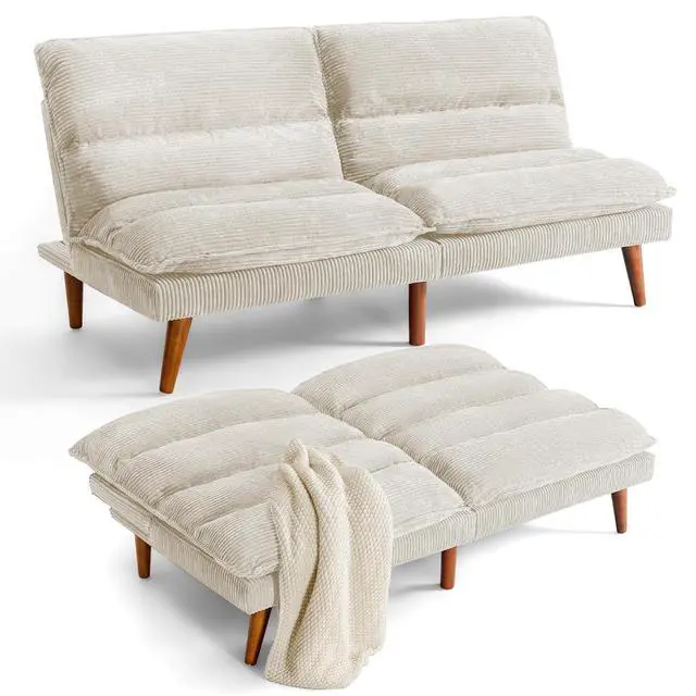 Main image of Convertible Futon Sofa Bed Futon Couch with Adjustable Back Upholstered Sleeper Sofa Bed for Living Room Furniture (Corduroy, White)